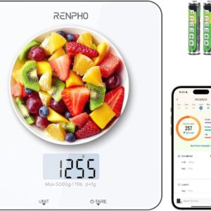 RENPHO Food Scale with Nutritional Calculator, Digital Kitchen Scale for Weight Loss, Smart Food Weight Scale with App for Macro Keto Calorie Cooking, Grams and Ounces, White, 11lb/5kg
