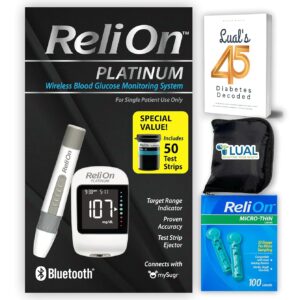 ReliOn Platinum Wireless Blood Glucose Monitoring System: Bluetooth-Enabled, Quick Results | Blood Glucose Monitor Kit Bundle with Lual's 45 Diabetes Decoded