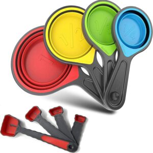 Collapsible Silicone Soft Measuring Cups and Measuring Spoons,8 pieces Portable Food Grade Silicone Measurement Cup for Liquid & Dry Measuring Baking &Utensils & Travel Measuring Cupspace saver