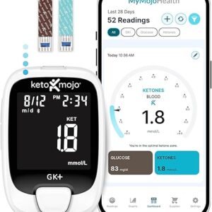KETO-MOJO GK+ Bluetooth Glucose & Ketone Testing Kit + Free APP for Ketosis & Diabetes Management. 20 Blood Test Strips (10 Each), Meter, 20 Lancets, Lancing Device, and Control Solutions